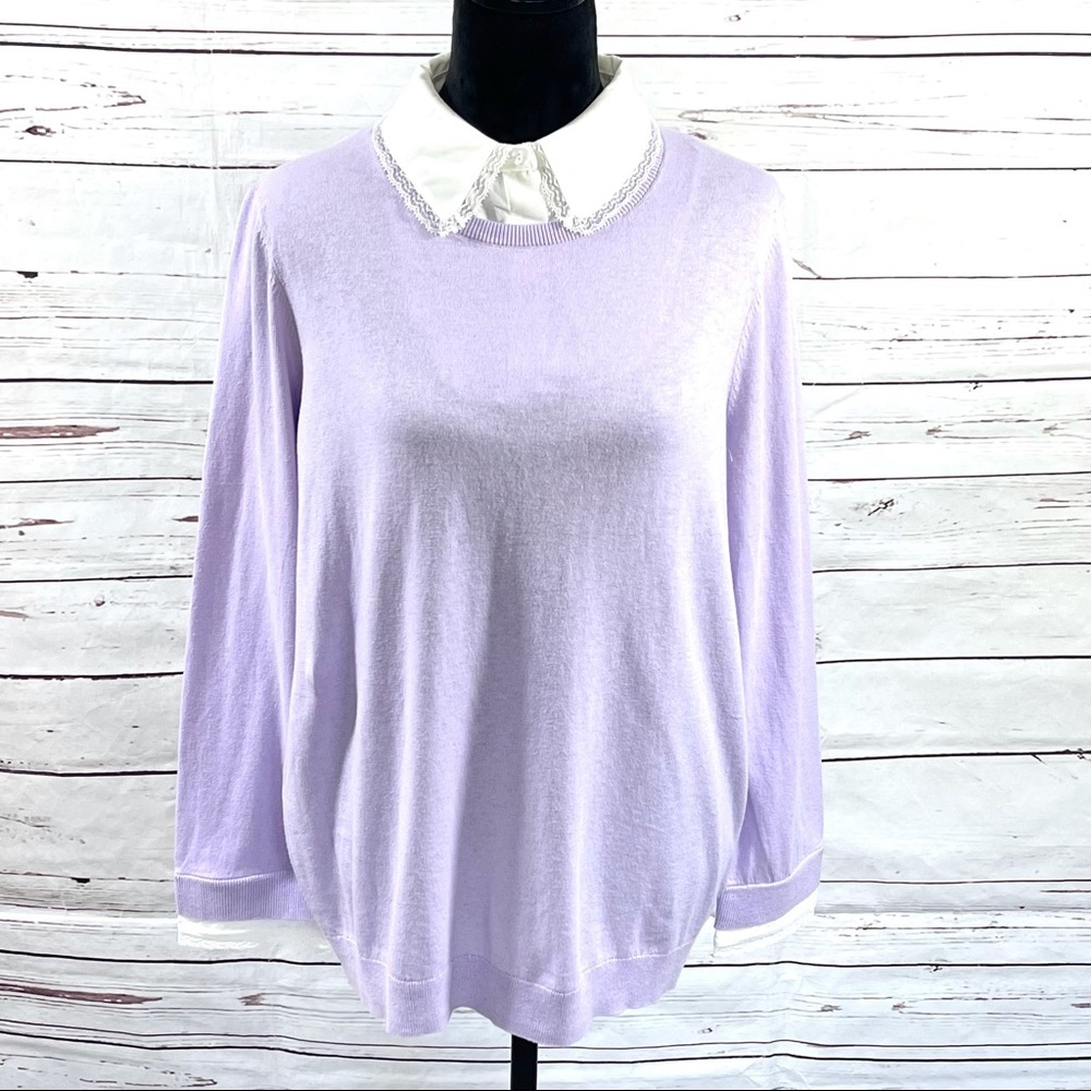 Talbots Lace Collar Pullover Sweater Purple Cotton/ Silk Trim Plus Size 1X‎